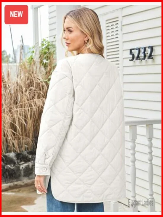 Lightweight Quilted Puffer Jacket with Pockets, Button Front, Mid-Length - Picture 3 of 7